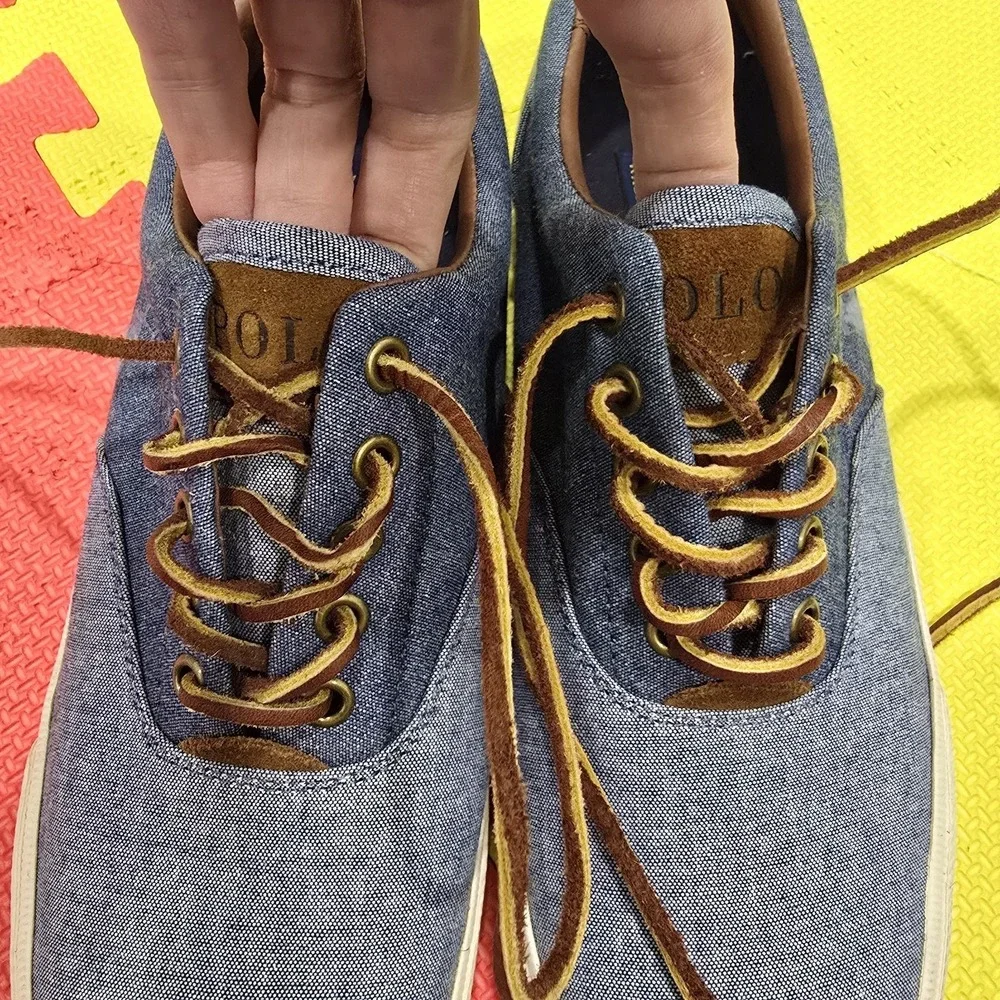 Polo Ralph Lauren Vaughn Saddle‎ Chambray Sneakers - Men's Size 8.5D - Blue/Tan